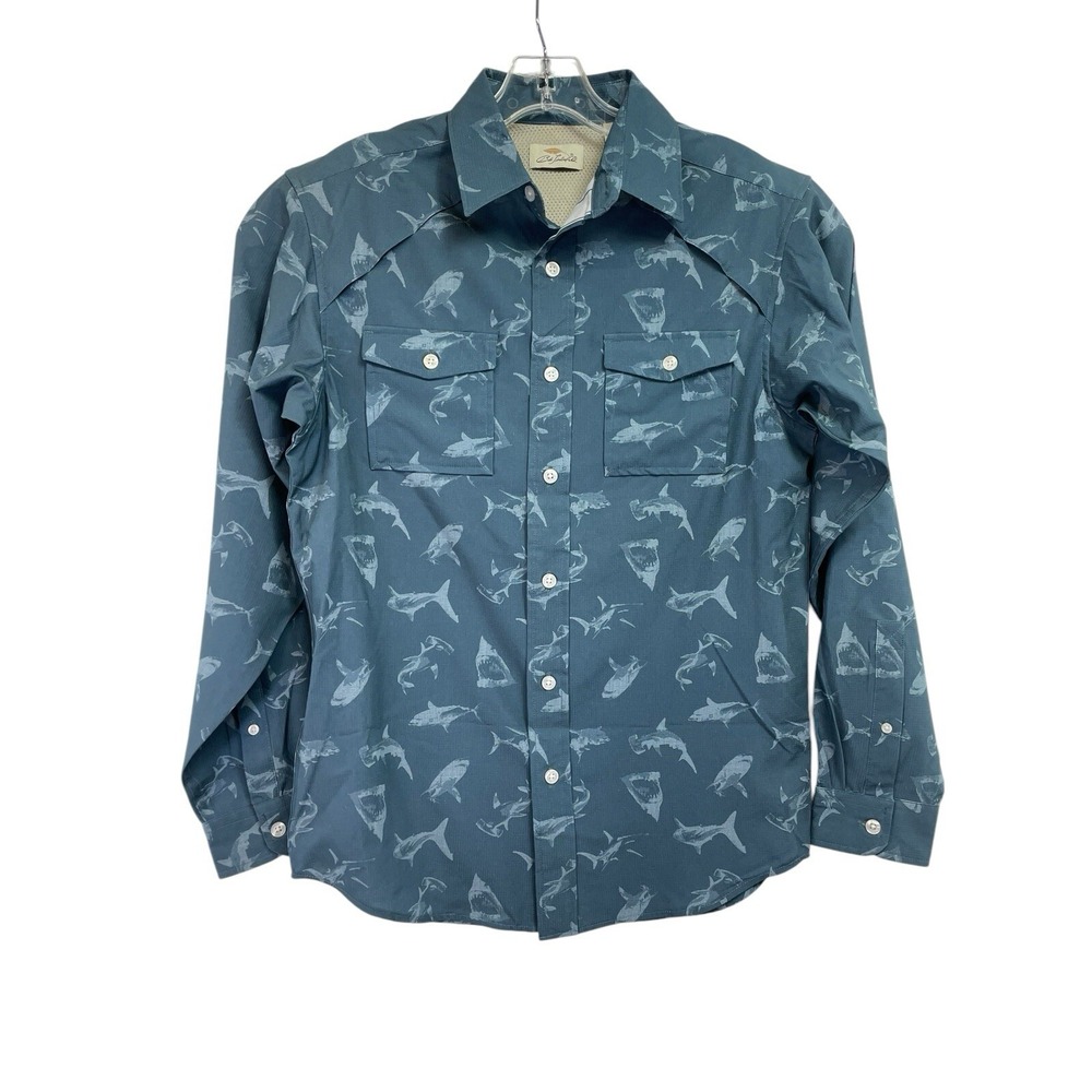 Bob Timberlake Men's Sz Small Blue W/ Sharks Vented Fishing/Golf L/S Shirt (K18)